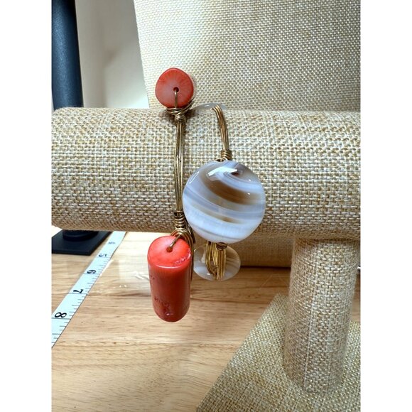 BaubleBar Set Of 2 Stone Bangle Bracelets With Wire Wrap Design - Coral & Brown - Picture 1 of 7